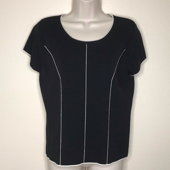 Vintage Carducci Black Cream Seaming Trim Short Sleeve Round Neck 90s Top Large - Picture 11 of 11